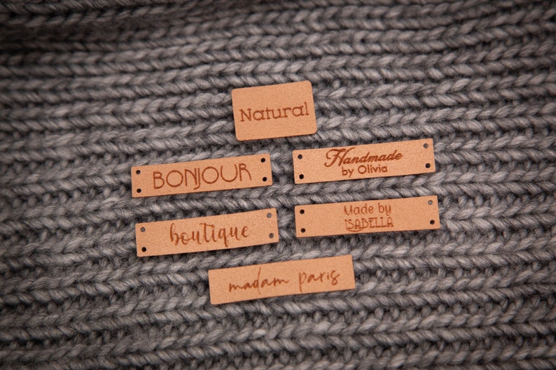 Custom sewing labels. Beautiful personalised vegan knitting labels, product tags, alcantara leather. zdjęcie 1