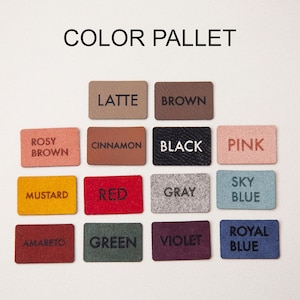 May include: Color pallet with 12 different colored fabric swatches. The swatches are labeled with the following colors: Rosy Brown, Latte, Cinnamon, Brown, Black, Pink, Mustard, Red, Gray, Sky Blue, Amaretto, Green, Violet, Royal Blue.