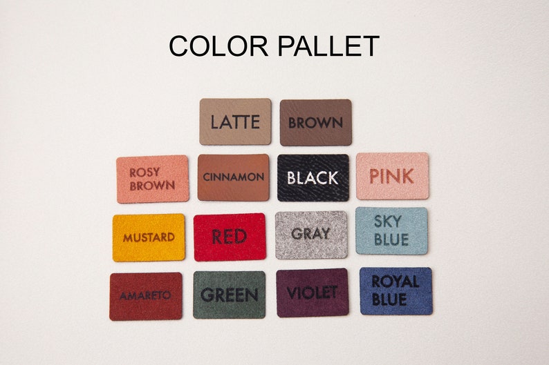 May include: Color pallet with 12 different colored fabric swatches. The swatches are labeled with the following colors: Rosy Brown, Latte, Cinnamon, Brown, Black, Pink, Mustard, Red, Gray, Sky Blue, Amaretto, Green, Violet, Royal Blue.