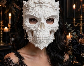 Skull Mask with Roses - Baroque Sugar Skull Mask - Full Face Halloween Masquerade Mask - Floral Skeleton Mask for Men and Women  White Black
