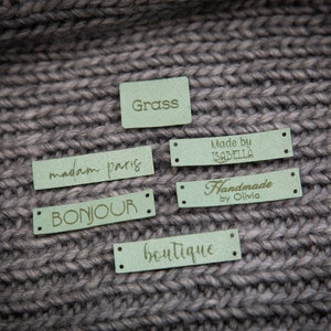 Custom sewing labels. Beautiful personalised vegan knitting labels, product tags, alcantara leather. zdjęcie 4