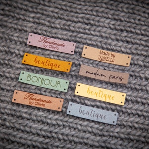 Custom sewing labels. Beautiful personalised vegan knitting labels, product tags,  alcantara leather.