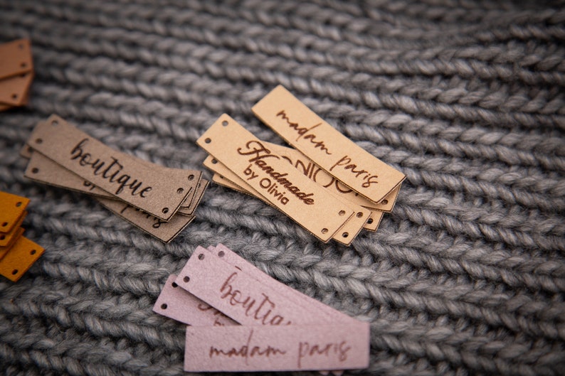 Custom sewing labels. Beautiful personalised vegan knitting labels, product tags, alcantara leather. image 1