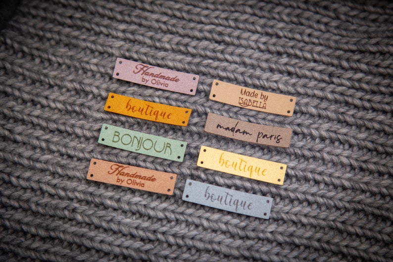 Custom sewing labels. Beautiful personalised vegan knitting labels, product tags, alcantara leather. image 8