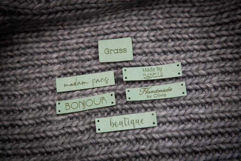 Sewing labels with your logo or text. Beautiful personalised vegan knitting labels, product tags, alcantara leath with er. image 5