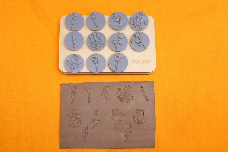 Flowers & Leaves stamp set Pottery stamp, Polymer Clay Tools Embossing Stamp image 1