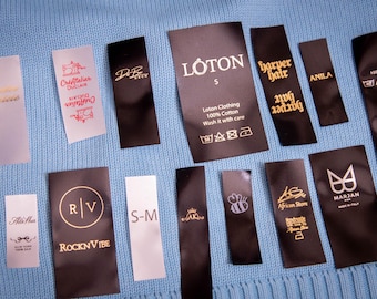 Qty 200 - Custom logo labels - Custom fold over satin label - Fold over satin tag - Custom logo labels - Custom brand label - Clothing