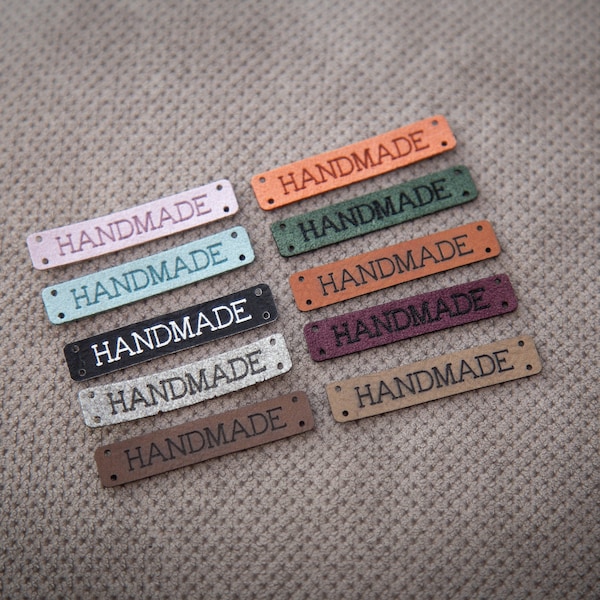 Handmade - sewing labels. Beautiful personalised vegan knitting labels, product tags,  alcantara leather.