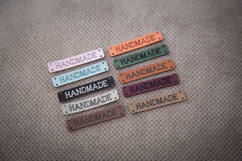 Handmade sewing labels. Beautiful personalised vegan knitting labels, product tags, alcantara leather. image 1
