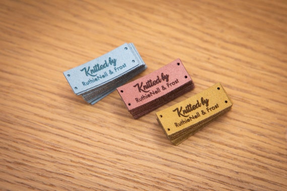 Custom sewing labels. Beautiful personalised vegan knitting labels, product tags,  alcantara leather.