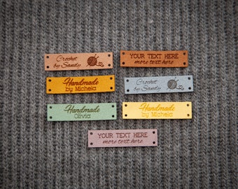 Custom sewing labels. Beautiful personalised vegan knitting labels, product tags,  alcantara leather.