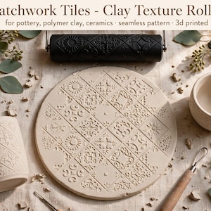 May include: A black 3D printed clay texture roller with a patchwork tiles pattern, accompanied by a circular clay slab, a mug, and a small bowl, all featuring the same embossed tile design, alongside a metal pottery tool for crafting.