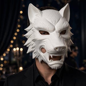 Puede incluir: Una máscara de lobo blanca con texturas de pelaje detalladas, orejas puntiagudas y una boca abierta que revela dientes afilados. La máscara cubre la parte superior del rostro y se lleva sobre una camisa negra con cuello, con un diseño esculpido.