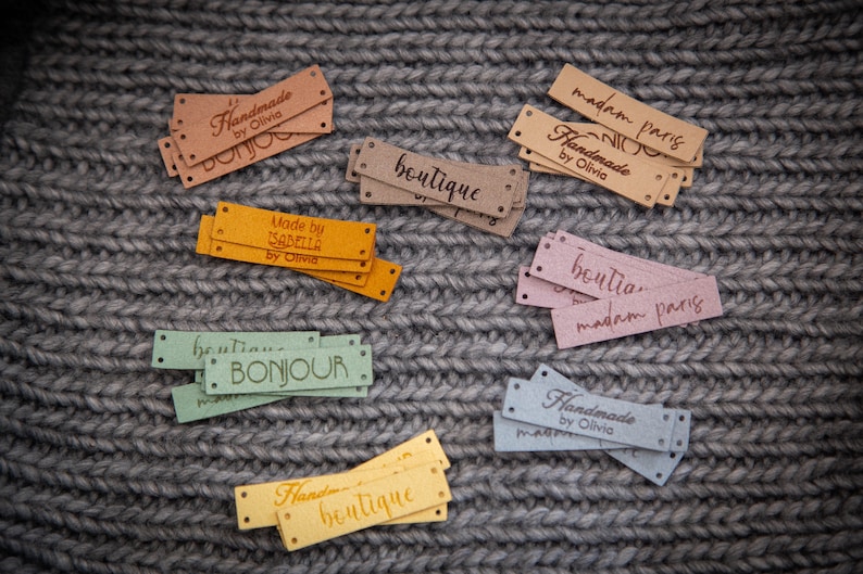 Custom sewing labels. Beautiful personalised vegan knitting labels, product tags, alcantara leather. image 10