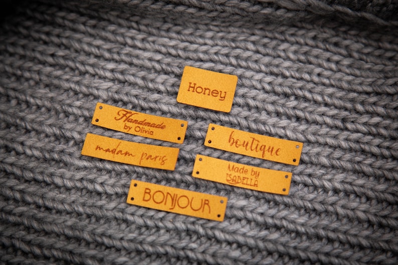 Custom sewing labels. Beautiful personalised vegan knitting labels, product tags, alcantara leather. zdjęcie 8