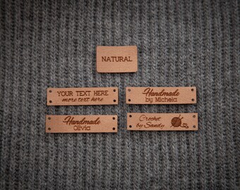 Custom sewing labels. Beautiful personalised vegan knitting labels, product tags,  alcantara leather.