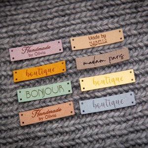 Custom sewing labels. Beautiful personalised vegan knitting labels, product tags,  alcantara leather.
