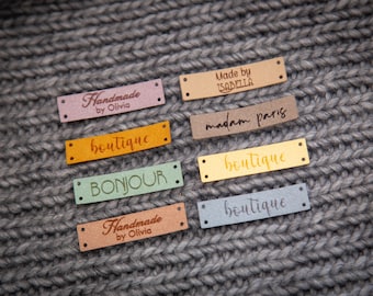 Custom sewing labels. Beautiful personalised vegan knitting labels, product tags,  alcantara leather.