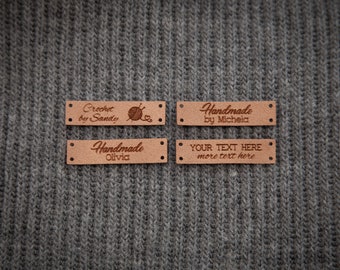 Custom sewing labels. Beautiful personalised vegan knitting labels, product tags,  alcantara leather.