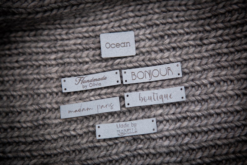 Custom sewing labels. Beautiful personalised vegan knitting labels, product tags, alcantara leather. image 9