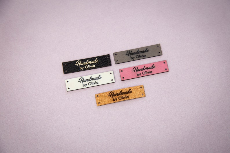 Custom cork sewing labels. Vegan faux leather knitting labels, product tags, black with gold or cork labels. image 5