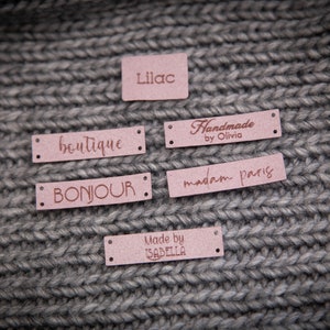 Sewing labels with your logo or text. Beautiful personalised vegan knitting labels, product tags, alcantara leath with er. image 10