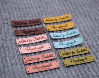 Custom sewing labels. Beautiful personalised vegan knitting labels, product tags,  alcantara leather.