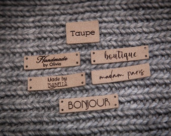 Custom sewing labels. Beautiful personalised vegan knitting labels, product tags,  alcantara leather.