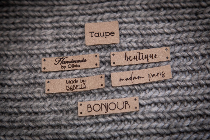 Custom sewing labels. Beautiful personalised vegan knitting labels, product tags, alcantara leather. image 1