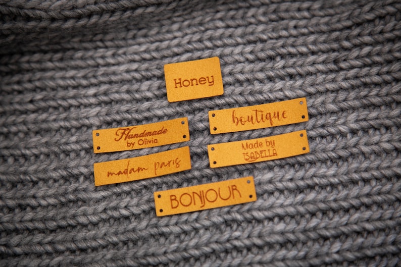 Custom sewing labels. Beautiful personalised vegan knitting labels, product tags, alcantara leather. image 10