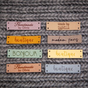 Custom sewing labels. Beautiful personalised vegan knitting labels, product tags, alcantara leather. image 3