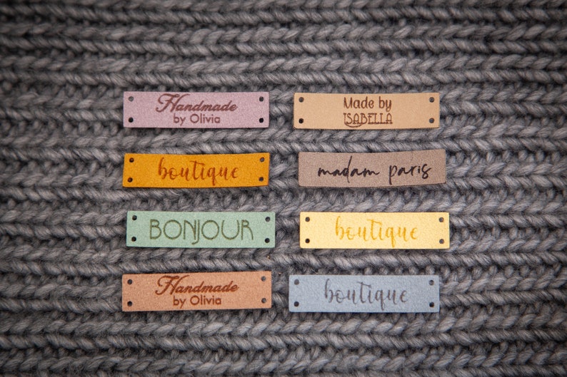 Custom sewing labels. Beautiful personalised vegan knitting labels, product tags, alcantara leather. image 3