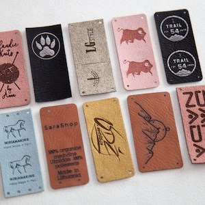 Faux leather labels custom personalised with text and logo