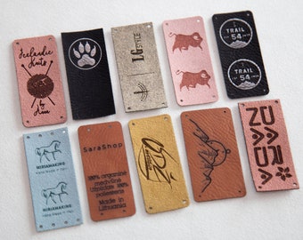 Faux leather labels custom personalised with text and logo