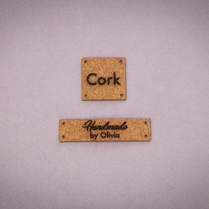 Custom cork sewing labels. Vegan faux leather knitting labels, product tags, black with gold or cork labels. image 1