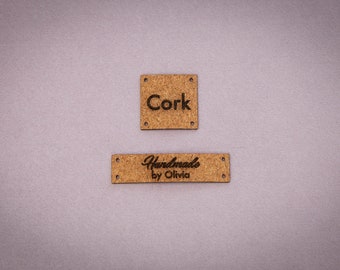 Custom cork sewing labels. Vegan faux leather knitting labels, product tags, black with gold or cork labels.