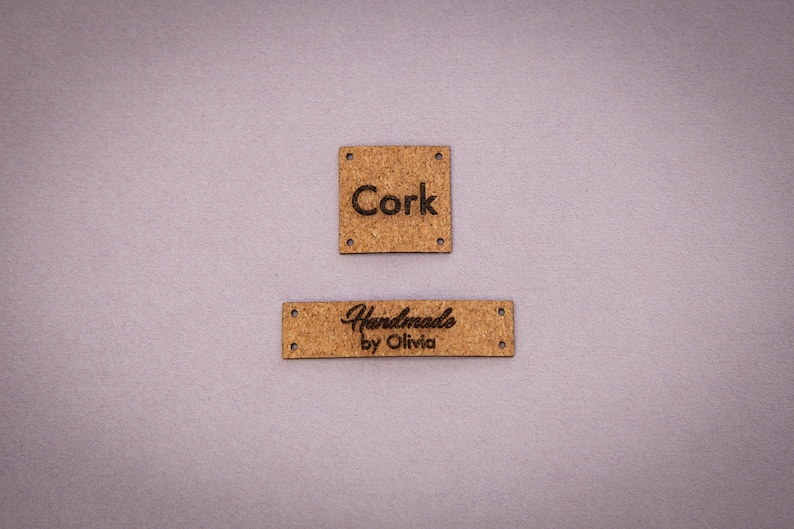 Custom cork sewing labels. Vegan faux leather knitting labels, product tags, black with gold or cork labels. image 1