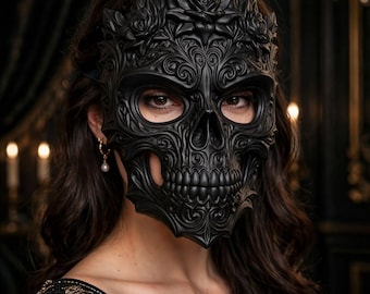 Skull Mask with Roses - Baroque Sugar Skull Mask - Full Face Halloween Masquerade Mask - Floral Skeleton Mask for Men and Women  White Black
