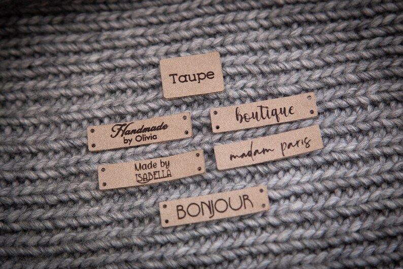 Custom sewing labels. Beautiful personalised vegan knitting labels, product tags, alcantara leather. image 5