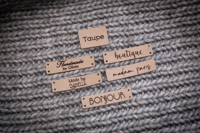 Sewing labels with your logo or text. Beautiful personalised vegan knitting labels, product tags, alcantara leath with er. image 9