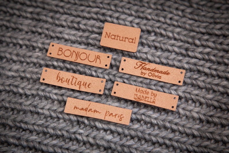 Custom sewing labels. Beautiful personalised vegan knitting labels, product tags, alcantara leather. image 5