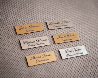 Golden name badge. Identification badge, business name tag. Staff id, pin name tags.