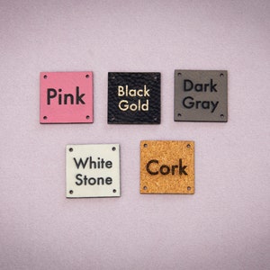 Custom cork sewing labels. Vegan faux leather knitting labels, product tags, black with gold or cork labels. image 3