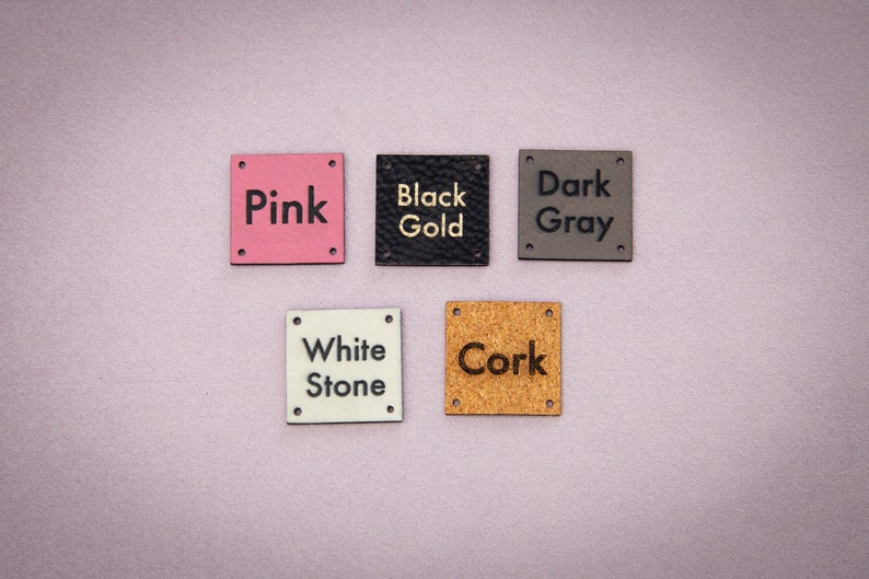 Custom cork sewing labels. Vegan faux leather knitting labels, product tags, black with gold or cork labels. image 3