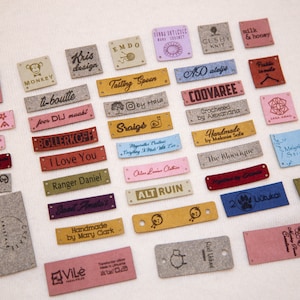Alcantara custom sewing labels. Product tags, knitting labels. Beautiful custom sew in labels.