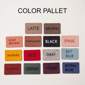 May include: A color palette with rectangular labels displaying various colors. The labels include "Latte," "Brown," "Rosy Brown," "Cinnamon," "Black," "Pink," "Mustard," "Red," "Gray," "Sky Blue," "Amareto," "Green," "Violet," and "Royal Blue."