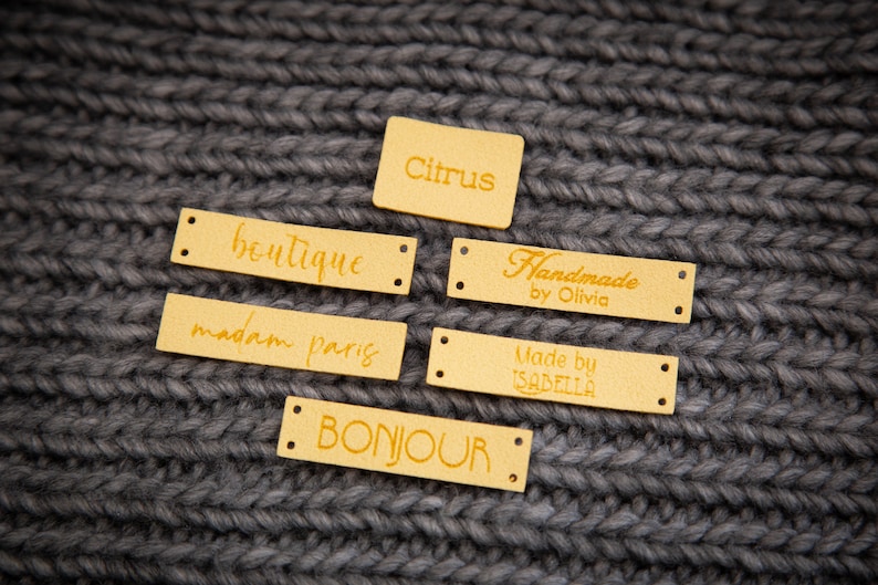 Custom sewing labels. Beautiful personalised vegan knitting labels, product tags, alcantara leather. zdjęcie 5