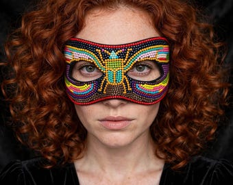 Colorful Beaded Masquerade Mask | Rhinestone Eye Mask | Festival Rainbow Mosaic Mask | Handmade Carnival Party Mask | Boho Bug Mask
