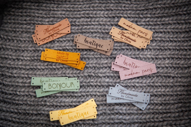 Custom sewing labels. Beautiful personalised vegan knitting labels, product tags, alcantara leather. image 1