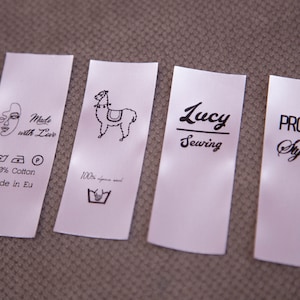100 etiquetas de costura personalizadas satinadas. Hermosas etiquetas de tejido, etiquetas de productos. Etiquetas satinadas, etiquetas de cuidado.